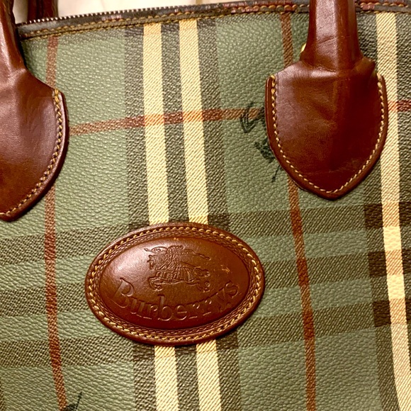 Burberry Olive Checkered Tote with Brown Leather - Picture 5 of 7